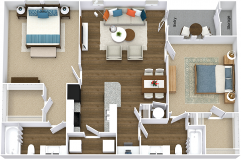 Floor plan for 2 beds, 2 baths, 997 sqft